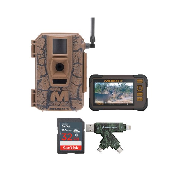 Muddy Mitigator Cellular 24MP Imaging Trail Camera with 80 Feet Detection and Flash Range Bundle with Muddy SD Card Reader and Viewer, 32GB UHS-I Memory Card, and USB 2.0 Card Reader (4 Items)