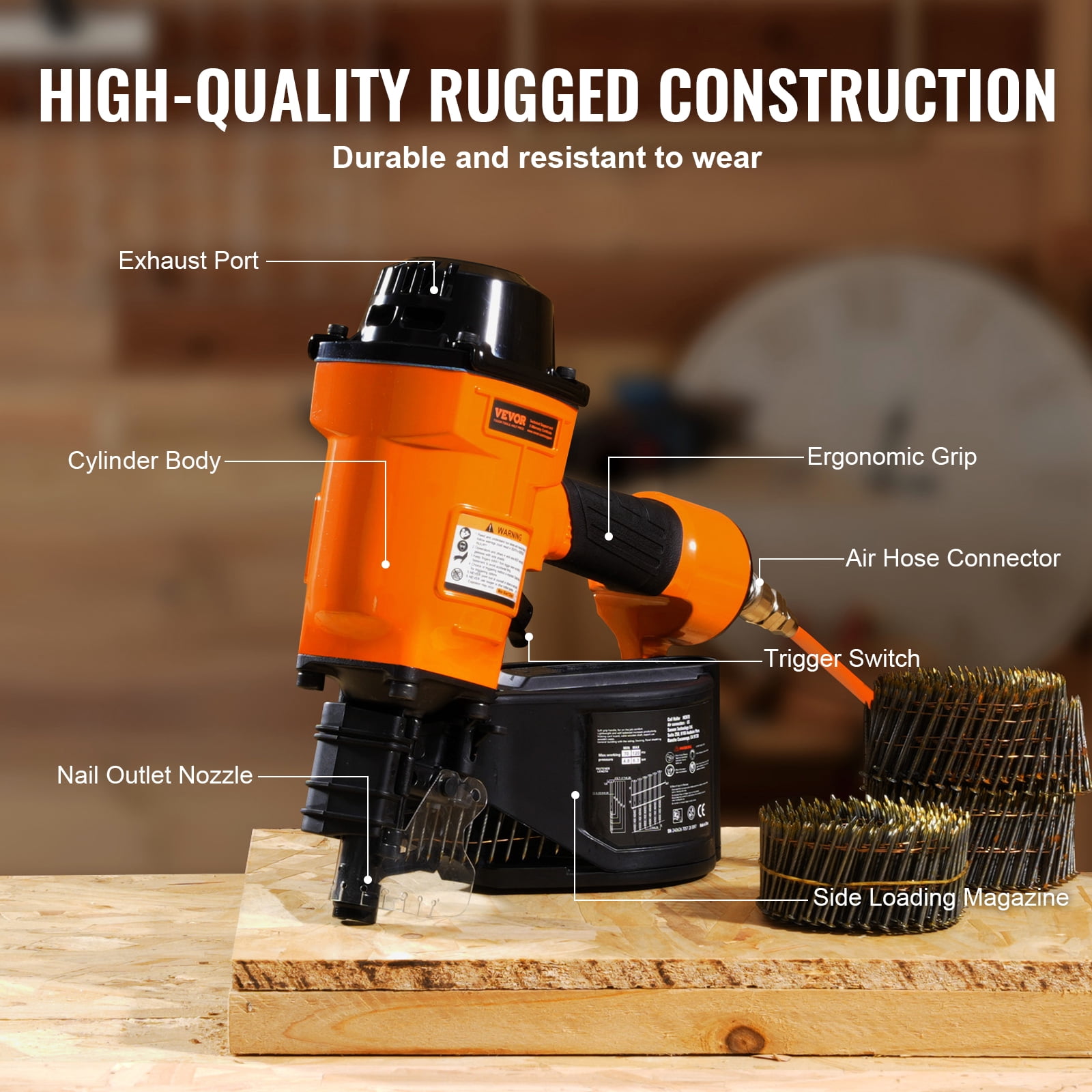 VEVOR Coil Siding Nailer MCN70, 1-3/4" to 2-3/4" 15 Degree Pneumatic Siding Nail Gun, 70-120PSI Air Coil Nailer for Pallet, Crating, Framing, Siding and Fencing