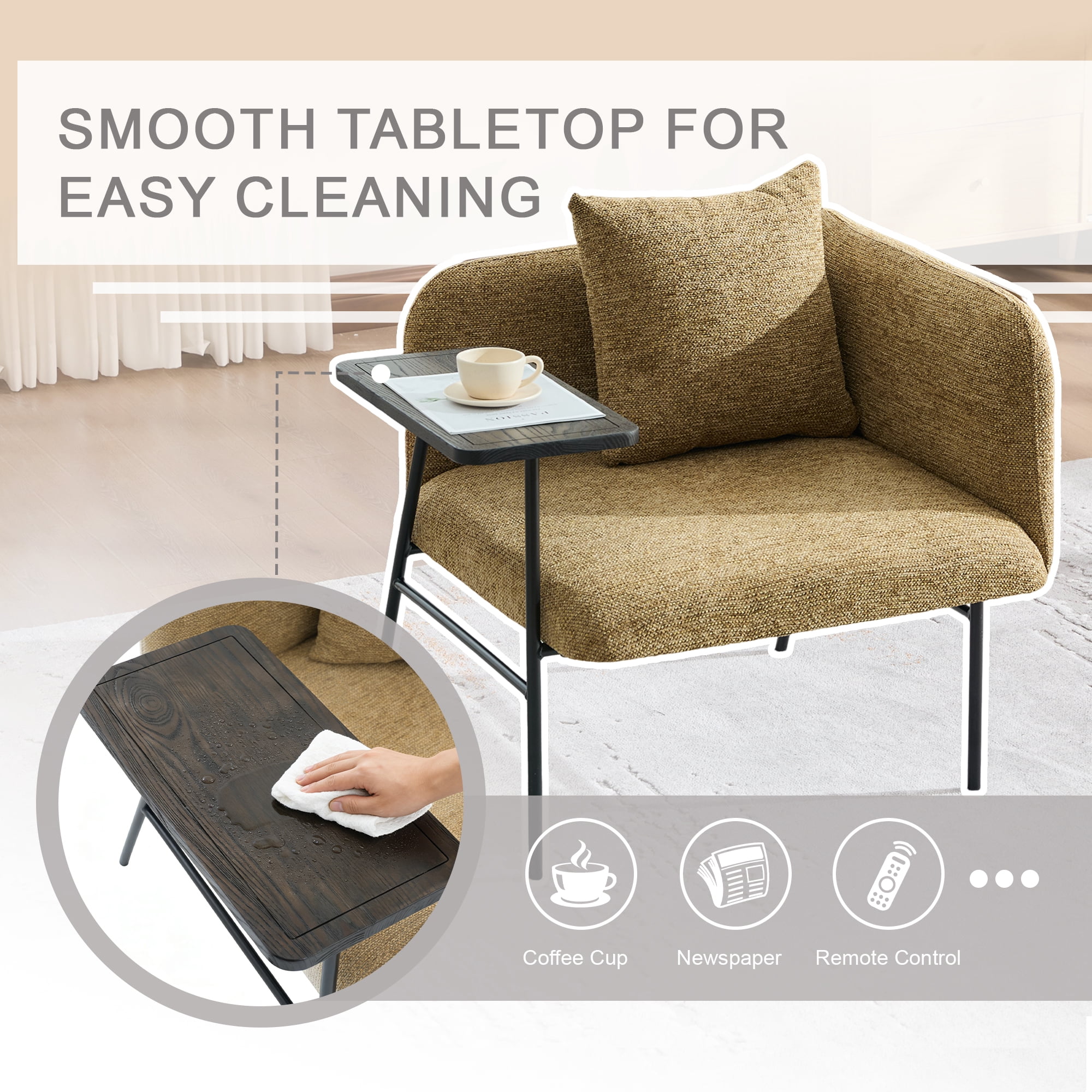Living Room Lounge Chair with Pillow, Modern Upholstered Single Sofa Armchair with Storage Pockets and Side Table, Yellow Accent Seating for Home Office Bedroom