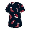 thumbnail image 3 of HaHaHappy Christmas Womens Scrub Plus Size V Neck Cute Christmas Print Scrub Tops Casual Short Sleeve Funny Scrub Shirts Medical Workwear Nurse Nursing Uniform with Pocket Dark Blue S, 3 of 5