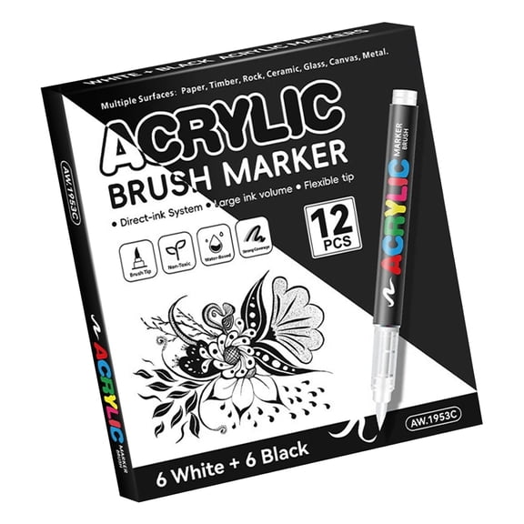 12Pcs Liquid Acrylic Marker White/Black with Soft Brush Tip for Art Painting on Paper Glass