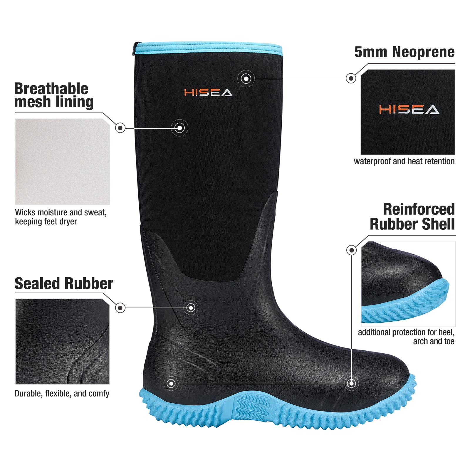 Bottes HISEA Imperméables Néoprène Et Caoutchouc - Femme Taille 7 US (37-38 EU) Noir