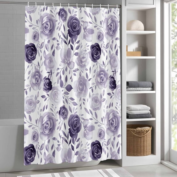 Purple Rose Shower Curtain for Bathroom, Watercolor Flowers Leaves Fabric Shower Curtain Set with Hooks, Waterproof Washable Bath Curtain for Bathroom Decor, 72"x78"