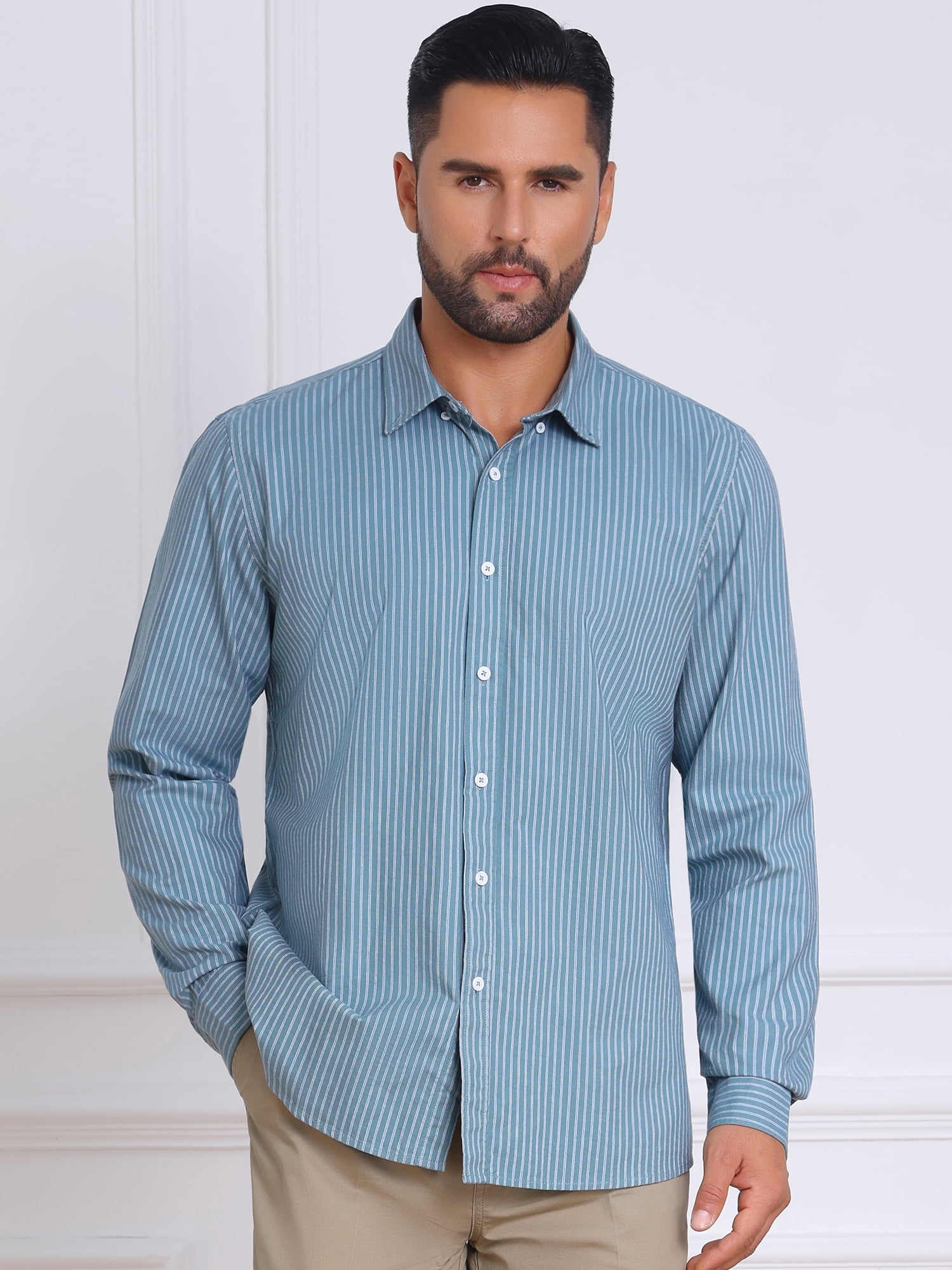 DARING DIVA Men's Stripes Long Sleeved Button Down Business Dress Shirts M Blue