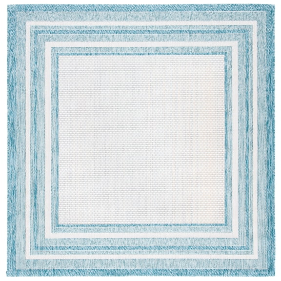 SAFAVIEH Courtyard Ercan Bordered Indoor/Outdoor Area Rug, Ivory/Aqua, 6'7" x 6'7" Square