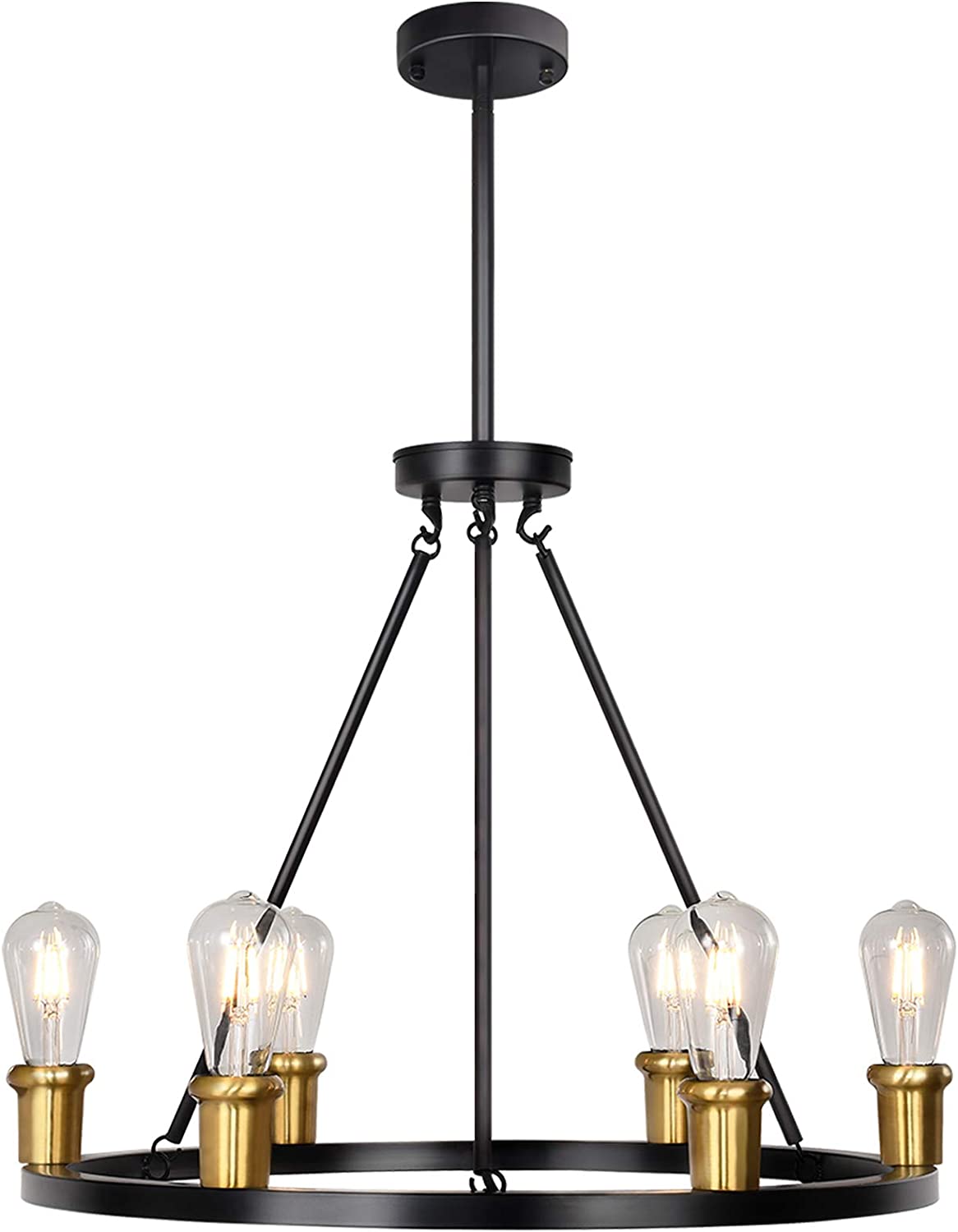 6Light Farmhouse Wagon Wheel Chandeliers, Black and Brass Industrial