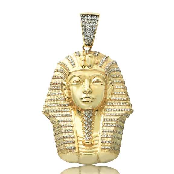 LOVEBLING 10K Yellow Gold King Tut Charm Pendant with CZ (2.70" x 1.55")