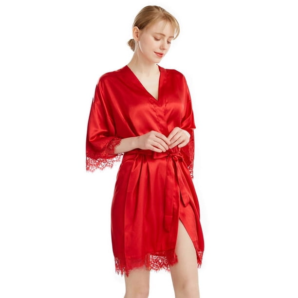 Bata de baño fina de verano para mujer, corta, hasta la rodilla, de color liso, sexy, de encaje, de siete mangas, para maquillaje, para la mañana