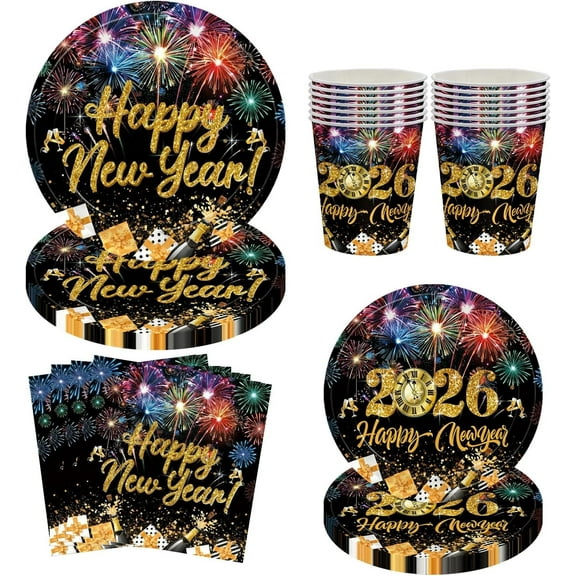 WODJR 96Pcs New Year Tableware New Year Party Decorations Black Gold Colorful Plates Napkins Cup New Year Dinnerware 2026 New Year Disposable Tableware for New Year Winter New Year Eve Party Supplies