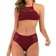 thumbnail image 3 of WREESH Womens Two Piece Swimsuit Halter Lace Lingerie Set High Waisted Bikini Bicolor Fashion Casual Waist Slim Hollow Out Solid Color Bikinis Sets Beach Bathing Suit Red, 3 of 8