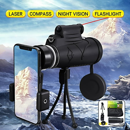 60X40 Universal Zoom Optical Mobile Phone Camera Lens Monocular Telescope Telephoto +Laser Light +Phone Holder + Tripod Compass