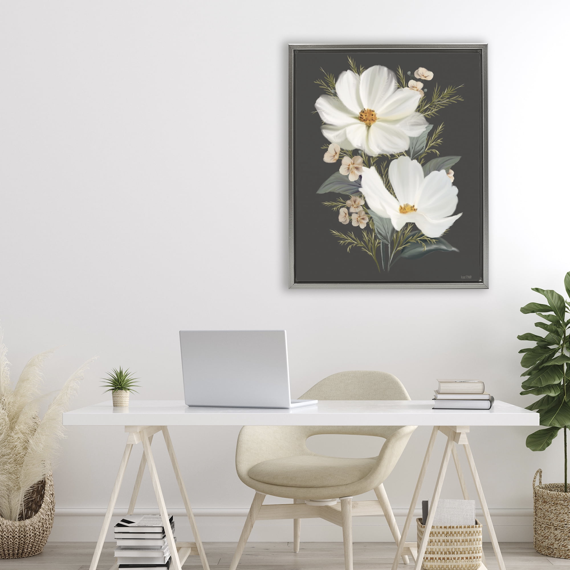 Stupell Industries Old Lace Cosmos Gray Framed Floater Canvas Wall Art, design by House Fenway