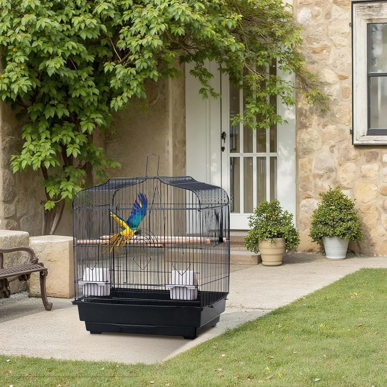 20.5 in Portable Travel Bird Cage, Parrot Cage with Handle, Standing Pole, Container and Wooden Perch Birdcages for Lovebirds Cockatiels Small Parrots Canaries