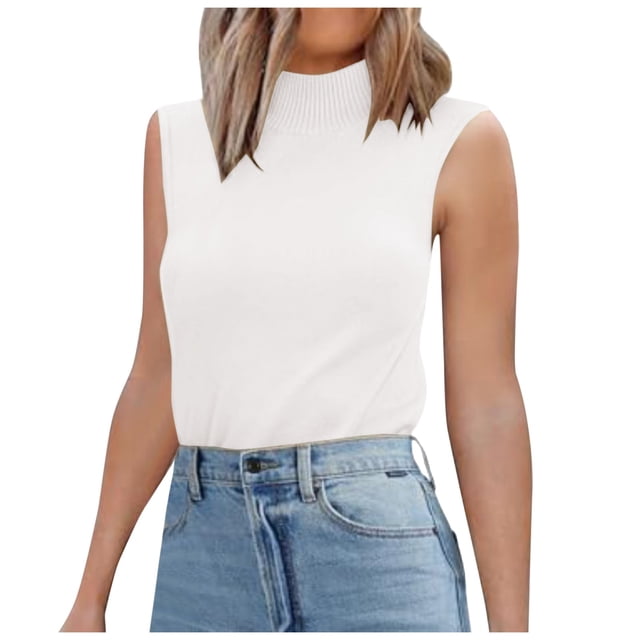 MIASHUI Débardeur Sans Manches en Tricot pour Femmes Tendance Décontracté Col Roulé, Blanc, m