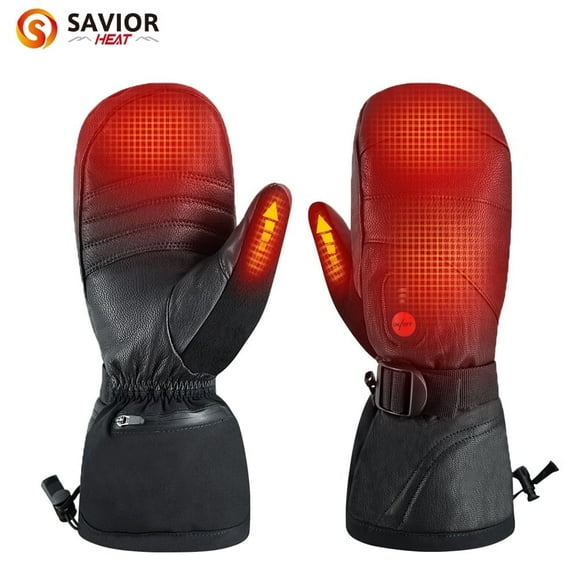 SAVIOR HEAT Far Infrared Heated Mitten Gloves For Men Women 7.4V Battery Waterproof Heated Leather Mittens