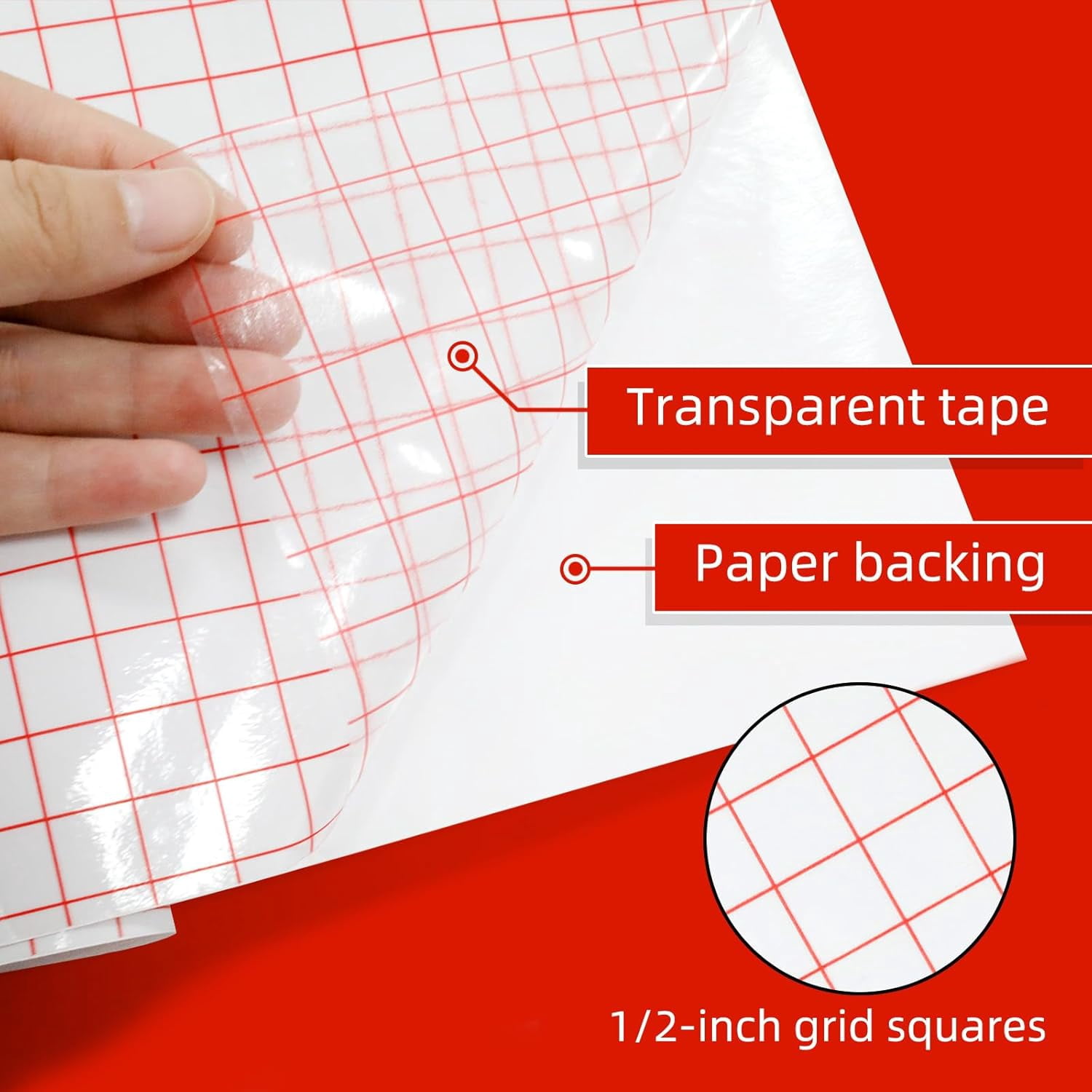 Clear Vinyl Transfer Paper Tape Roll - 12" x 50 FT w/Alignment Red Grid, Medium Tack Application Compatible with Cricut, Silhouette Cameo & Adhesive for Decals, Stickers