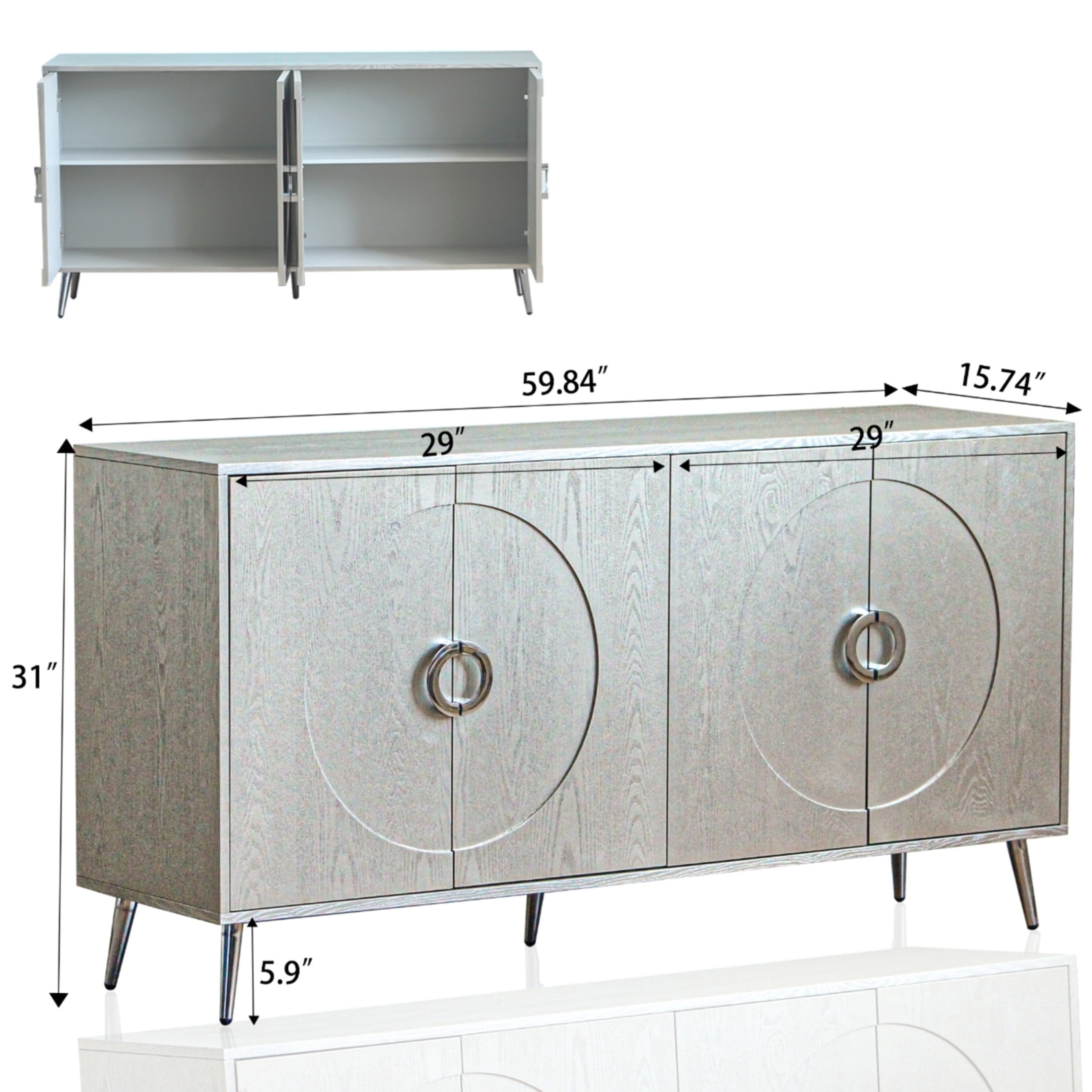 Noble House 59.8" Modern Lacquered Sideboard, Buffet Storage Cabinet with Adjustable Shelves, Champagne Silver