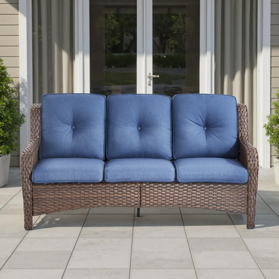 Opohoro 72" Outdoor Wicker Patio Sofa with Cushions, 3-Seat PE Rattan Couch for Porch, Brown/Blue