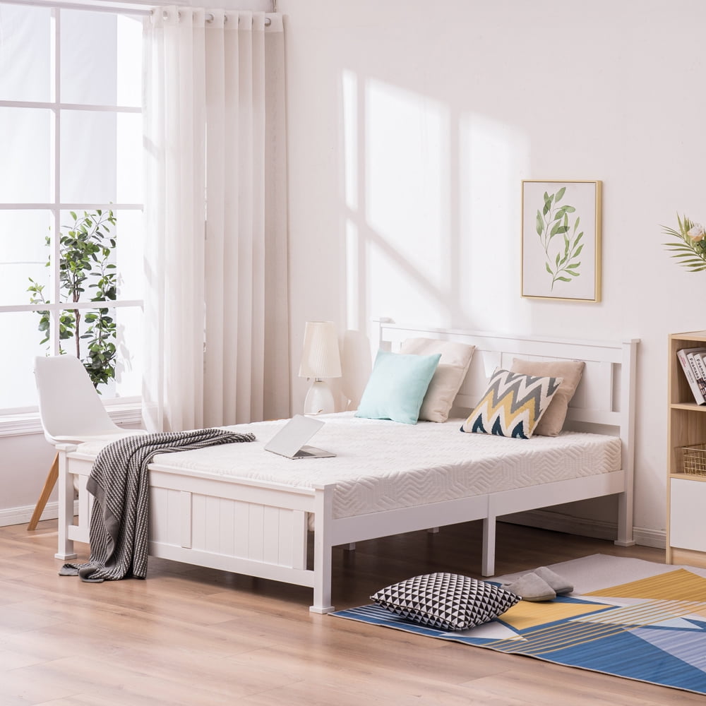 White Full Bed Frame, Full Size Wood Platform Bed Frame with Headboard ...