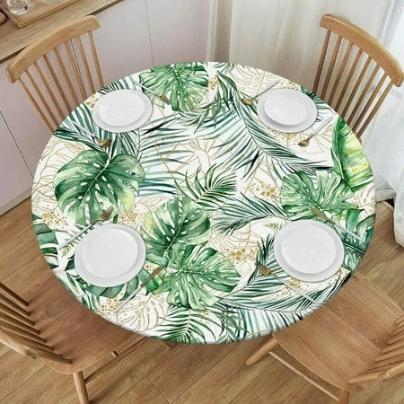 

Tropical Leaves Round Tablecloth Fitted Elastic Edged Jungle Green Leaf Polyester Table Cover for Dinning Room Kitchen Picnic