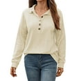 thumbnail image 2 of ZHOGXU Women's Casual Pullover Solid Color Turndown Collar Long Sleeved Button Up Fashion Soft Sweatshirt For Everyday Wear,Beige,L, 2 of 9