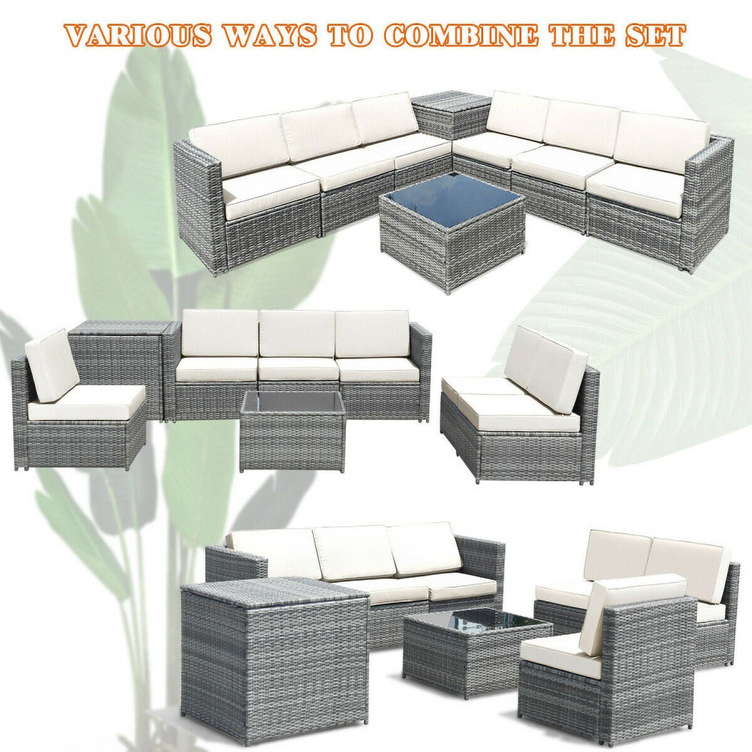 Aimee Lii 8 Piece Wicker Sofa Rattan Dinning Set Patio Furniture with Storage Table, Outdoor Deck Furniture, White Aimee Lii 8 Piece Wicker Sofa Rattan Dinning Set Patio Furniture with Storage Table, Outdoor Deck Furniture, White