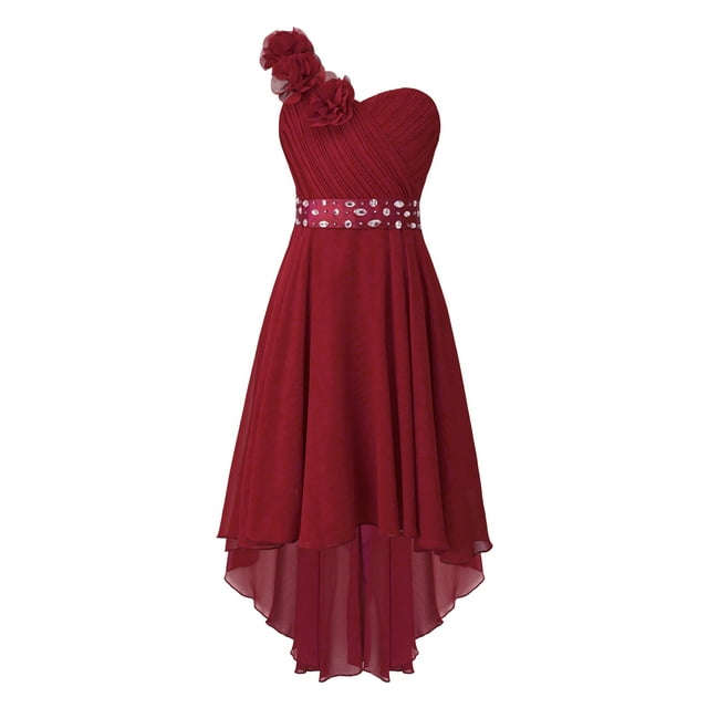Kaerm Robe Formelle Appliquée Fleur 3D pour Filles une Épaule Asymétrique en Chiffon Robe de Demoiselle d'Honneur Junior Bourgogne 8