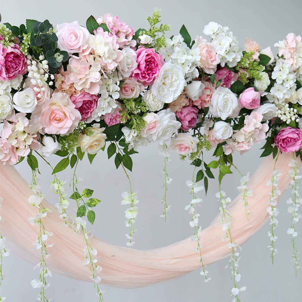 FETCOI 1M Artificial Silk Flowers Row, 1M Artificial Flower Panel Arrangement Wall Runner Rose