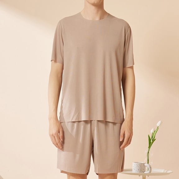 BaoFuBaoMei Mens Ice Silk Pajamas 2 Piece Big and Tall Crew Neck Short Sleeve Top and Shorts Lounge Sets Solid Pullover Cozy Sleepwear