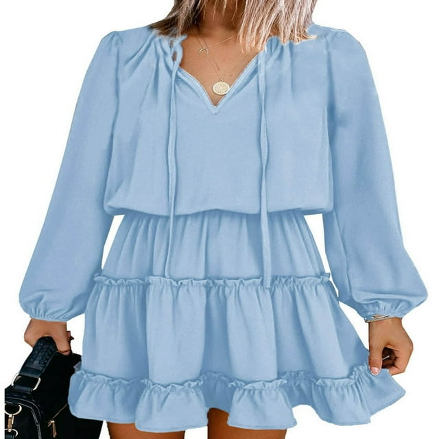 Robe Mini Femme Manches Longues Lacée Plissée Unie Automne Été pour Quotidien