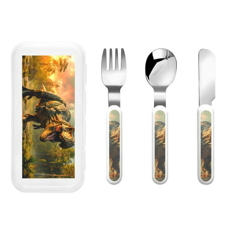 

Bingfone Realistic Style Forest Dinosaur Print Toddler Utensils Kids Silverware 3pcs Safety Stainless Steel Toddler Fork Spoon Knife Set Children Flatware Set