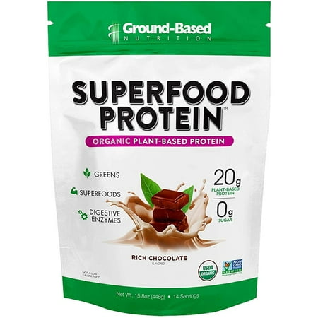 Ground-Based Nutrition Superfood Protein, Organic Plant Based Protein Powder - Vegan, NON-GMO, Gluten & Sugar Free - Chocolate Flavor - 15.8 Oz (448 g)