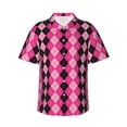 thumbnail image 1 of Balery pink and black argyle Camisas hawaianas de manga corta para hombre, camisas playeras de corte holgado, camisas de vacaciones con botones,3X-Large, 1 of 7