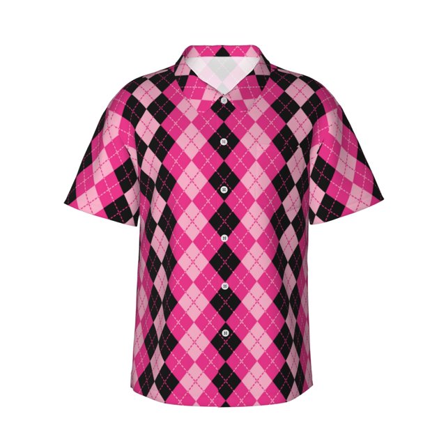 Balery pink and black argyle Camisas hawaianas de manga corta para hombre, camisas playeras de corte holgado, camisas de vacaciones con botones,3X-Large