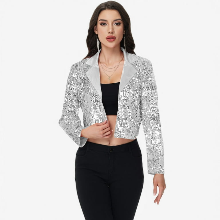 Silver Bolero Jackets For Evening Dresses Women's Sequin Cropped Blazer  Long Sleeve Sparkly Open Front Jacket XX Large, Silver