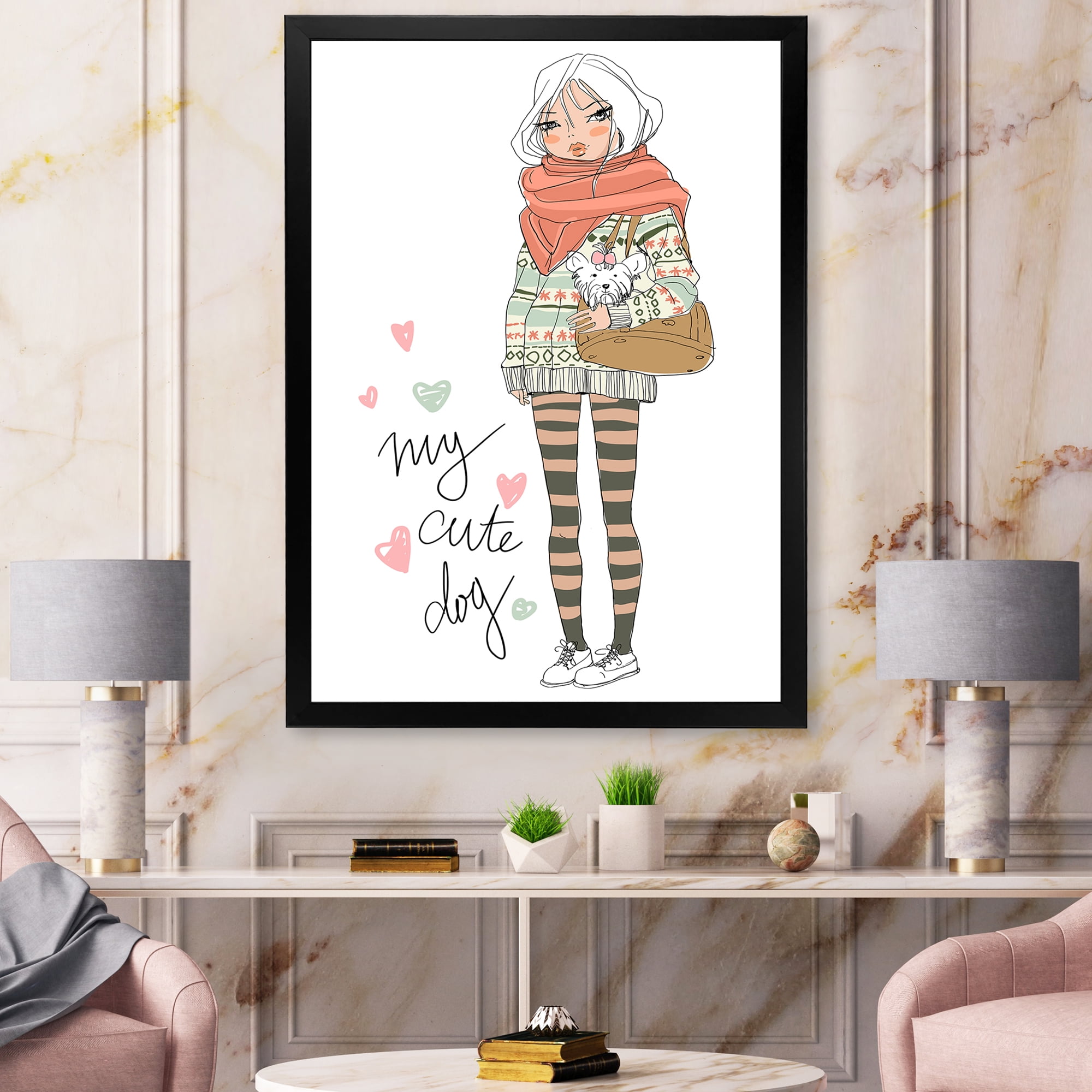 Designart 'My Cute Dog Cute Girl With Dog' Shabby Chic Framed Art Print