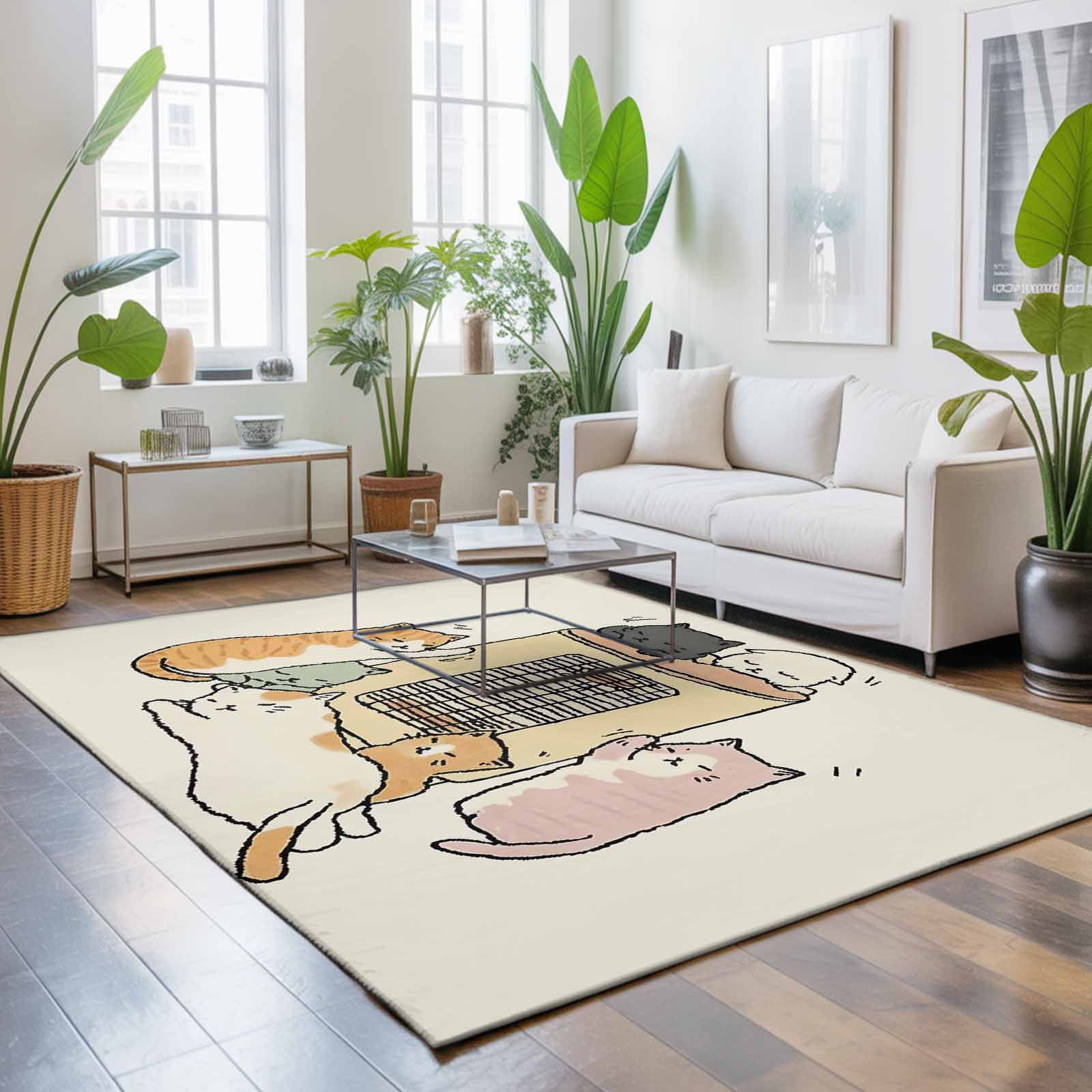 Area Rugs 5'x7', Beige Cute Cat Carpet Runner Indoor Outdoor Rugs Home Decor Aesthetic, Cartoon Funny Heater Cats Non Slip Mats Washable Accent Rug for Living Room Bedroom