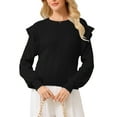 thumbnail image 1 of Suéter casual de manga larga con volantes para mujer INSPIRE CHIC, cuello redondo, tejido acanalado de otoño, pulóver, 2XL, negro, 1 of 5