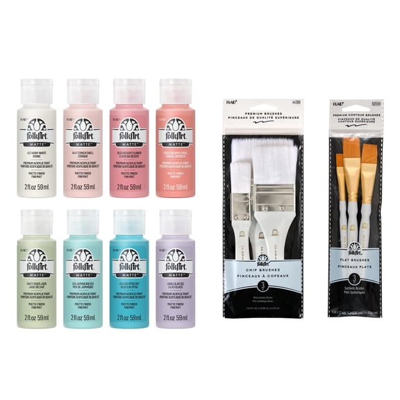 FolkArt Mindful Matte Acrylic Craft Paint Kit, Peaceful Colors, 14 Piece Set with 8 Paints and 6 Premium Paintbrushes