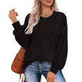 thumbnail image 3 of Top de manga larga para mujer, jersey con botones y cuello redondo, blusa informal holgada de manga larga para mujer, negro S, 3 of 6
