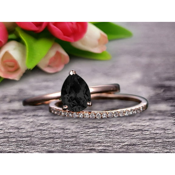 1.50 Carat Solitaire 8x5mm Pear Shape Black Diamond Moissanite Engagement Ring With Matching Wedding Band On 10k Rose Gold Bridal Ring Set Surprisingly