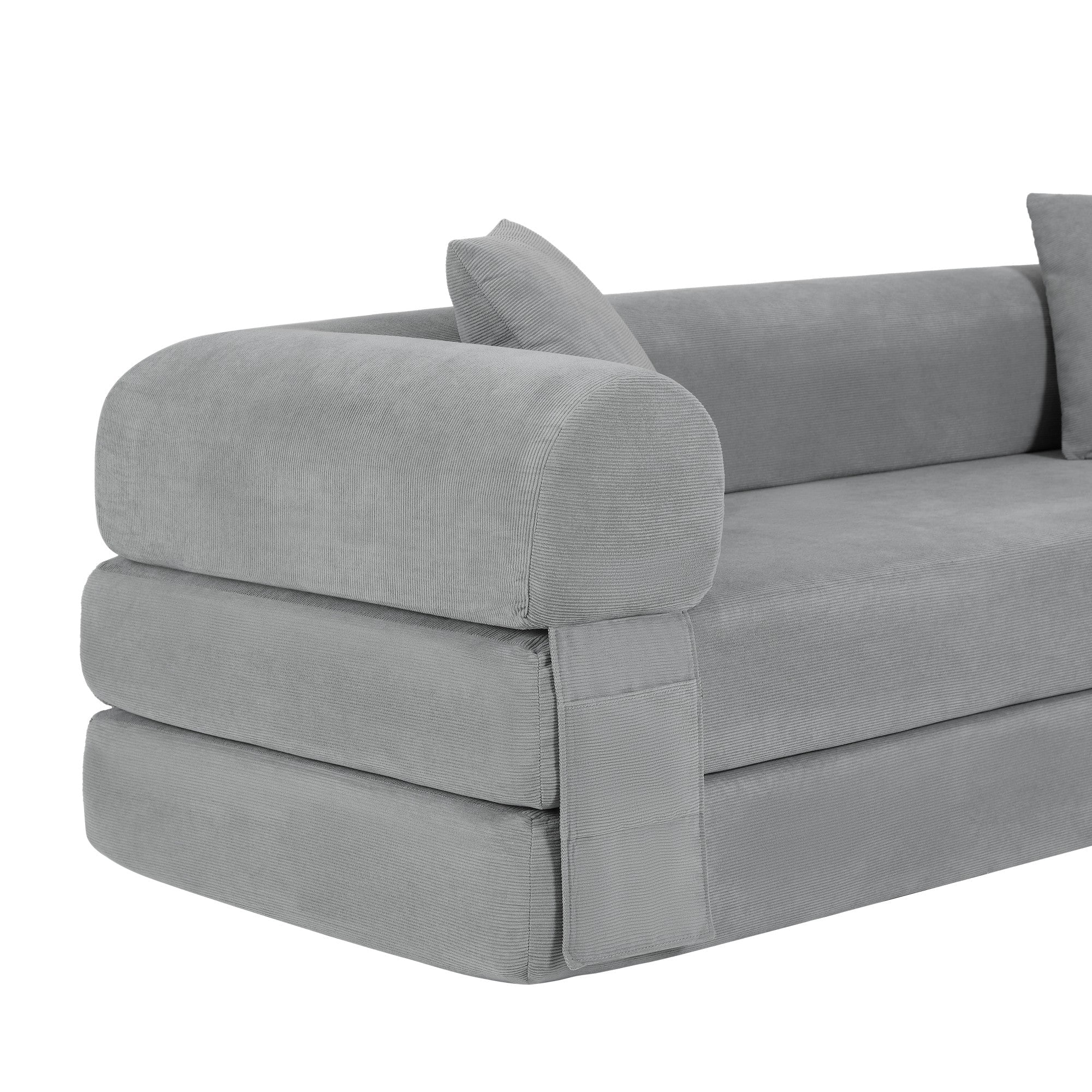 Sailvan 80 Inch Convertible Sofa Bed Queen Size Corduroy Sleeper Couch Boneless Floor Sofa with Storage Pockets No Assembly Couch in a Box Light Gray