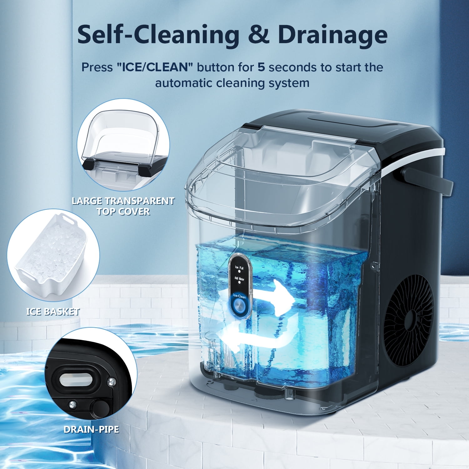 Auseo Portable Ice Maker, Countertop, 33lbs/24H, SelfCleaning, for Home/Office/Party  Black  (图4) Auseo Portable Ice Maker, Countertop, 33lbs/24H, SelfCleaning, for Home/Office/Party  Black  (图4)