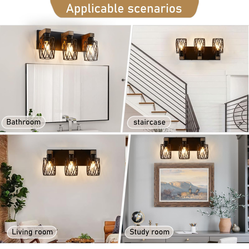 3-Light Wall Sconce, Black Metal Cage Fixture, Vintage Industrial Style for Bathroom/Hallway/Living Room, Bulbs Not Included