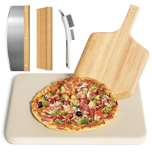 Gyreuni Pizza Stone Set, 5PCS 16" Large Pizza Stone for Oven and Grill with Pizza Peel(OAK), Pizza Stone Brush,Pizza Cutter & 10pcs Cooking Paper for Free, Baking Stone for Pizza, Bread,BBQ