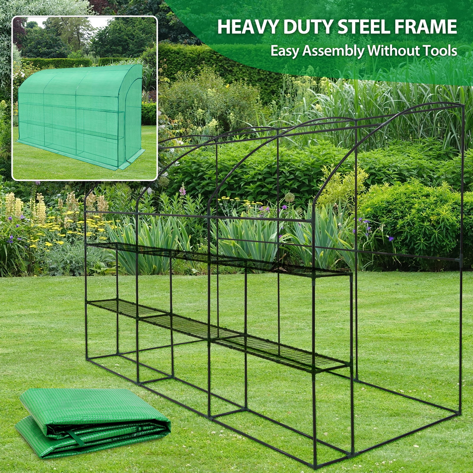 EAGLE PEAK 10x5x7ft Outdoor Lean to Walk-in Greenhouse with Shelf, Green