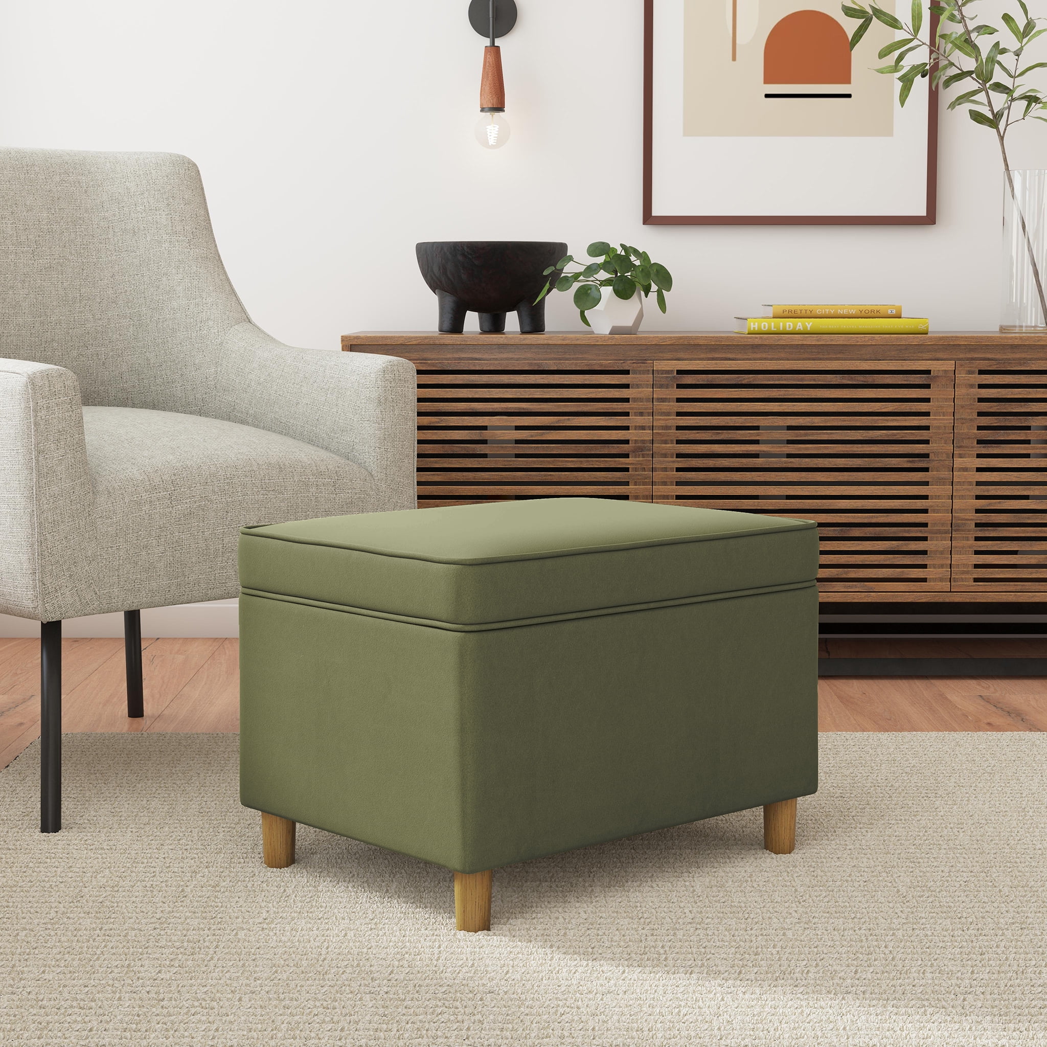 HomePop Dinah Storage Ottoman, Light Sage Green Velvet