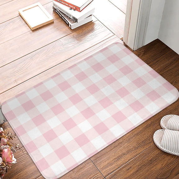 Front Door Mat Indoor Outdoor Outside Entrance - 16*24in Washable Pink Checkboard A Thin Bathroom Rugs Fit Under Door, Bath Rugs for Bathroom, Kitchen Rugs Mats for Floor