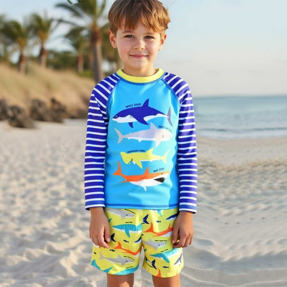 Rash Guard for Boys Beach Pool Colorful Shark Print Long Sleeve Sun Protection Quick Dry Swimwear for Toddler Kids Boys Kids Swimsuits Blue 3 Years-4 Years