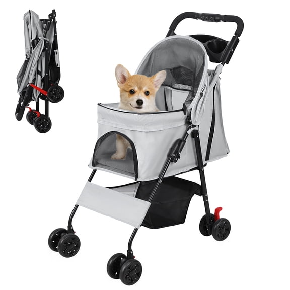 TidBay 4 Wheels Pet Stroller, Foldable Cat And Dog Stroller with Mesh Windows, Cup Holder, Storage Basket, Breathable Pet Strolling Cart Holds up to 22lbs for Small Medium Dogs Cats All-Season Use